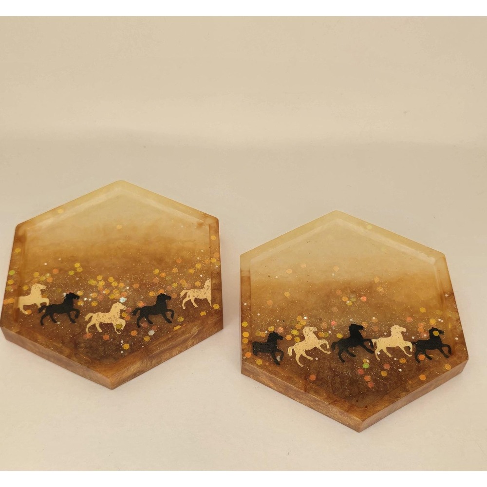 Horses Hexagon w/ Pads Coaster Trinket Tray Set Glitter Gold Ombre Amber Brown - Picture 5 of 12